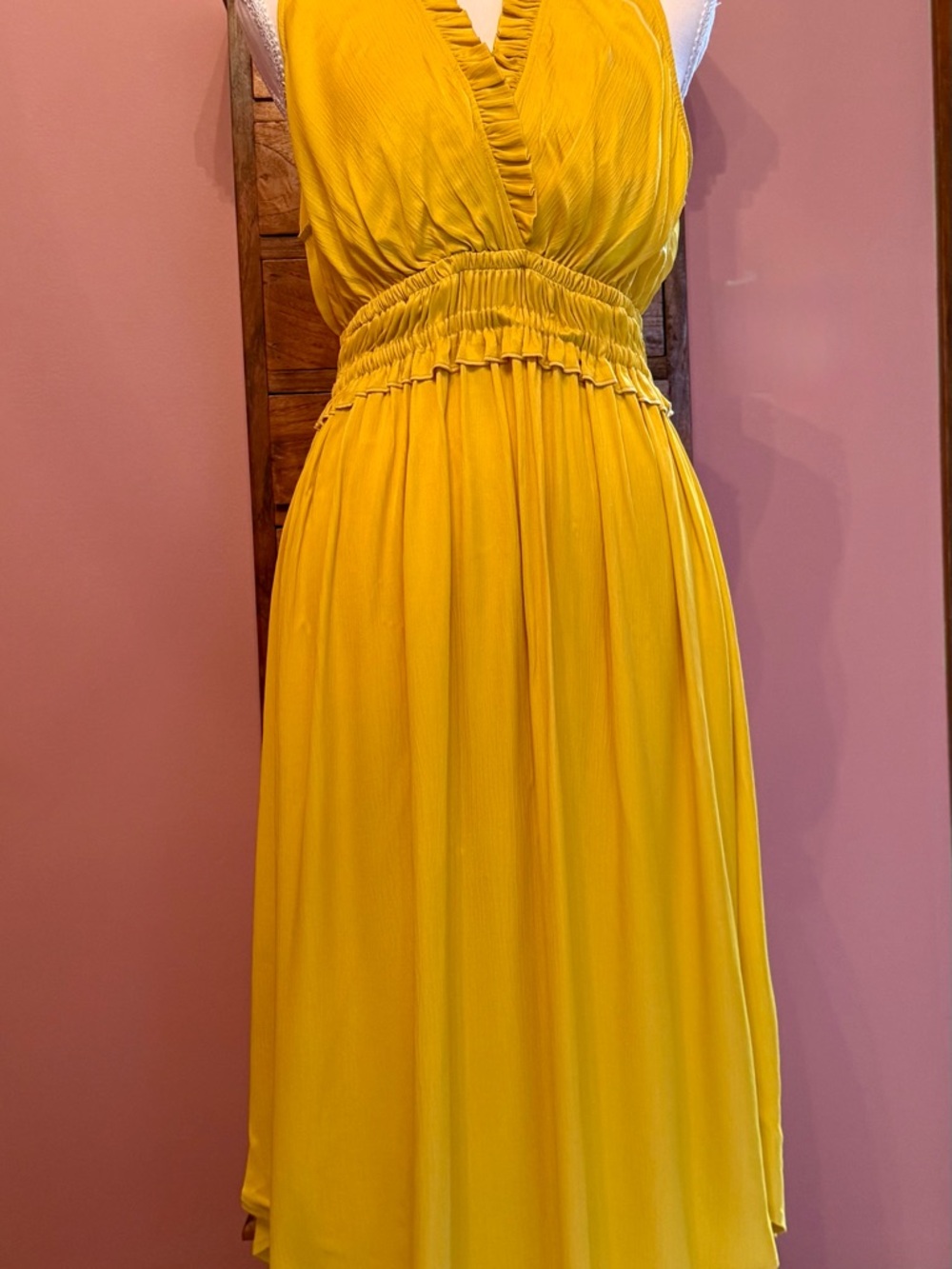 Maeve Mustard Yellow V-Neck Smocked Midi Dress
